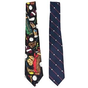 Vintage Pair of Golf Themed Neck Ties - One Handmade Silk, One Polyester